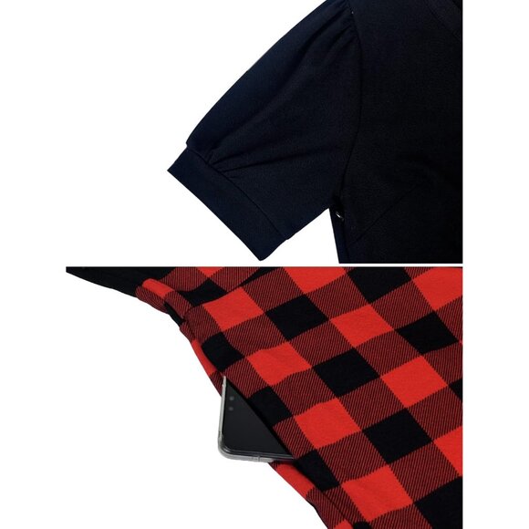 Women Buffalo PlaidShort Puff Sleeve Flare Semi-Formal Summer Dress With Pockets - Picture 3 of 3